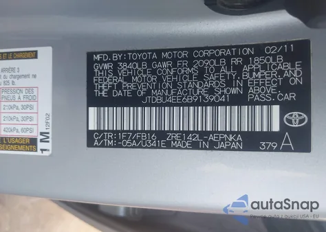 2011 Toyota Corolla Le from USA, damaged, VIN JTDBU4EE6B9139041